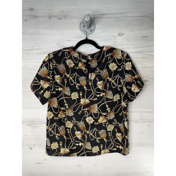 Hana Sung Blouse Womens Medium Black Gold Baroque Tassel Rope Print Short Sleeve - Picture 8 of 8